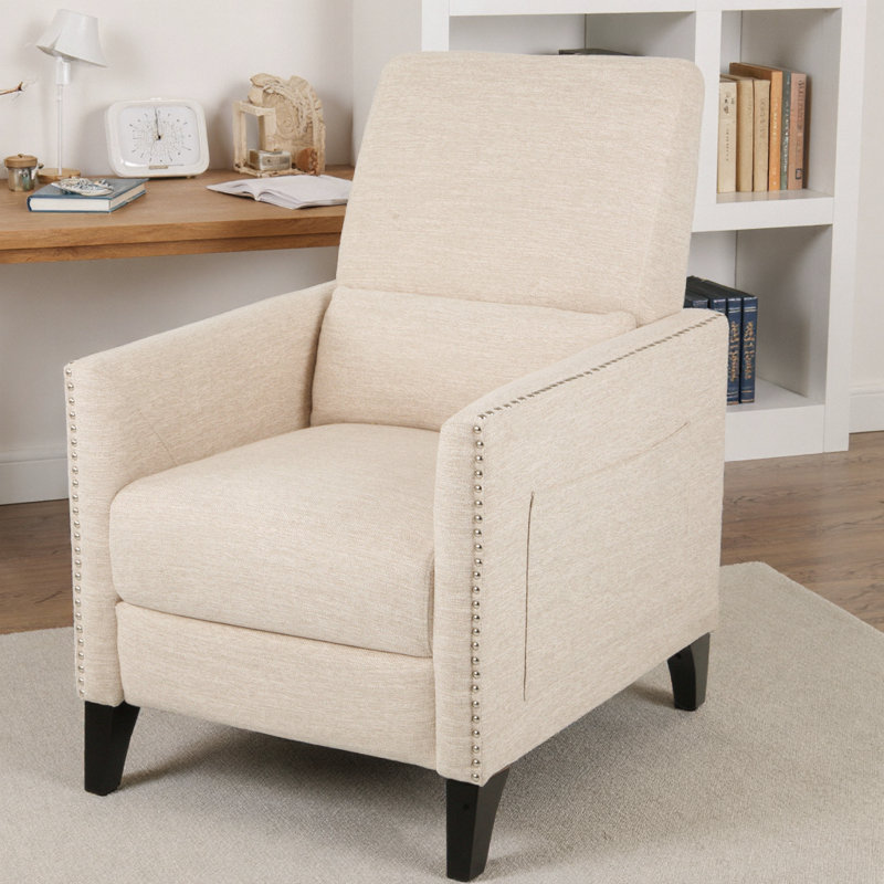 HavenLux Beige Fabric Pushback Recliner Chair with Side Pocket, Mid-Century Nailhead Accent Chair & Birch Legs, Beige