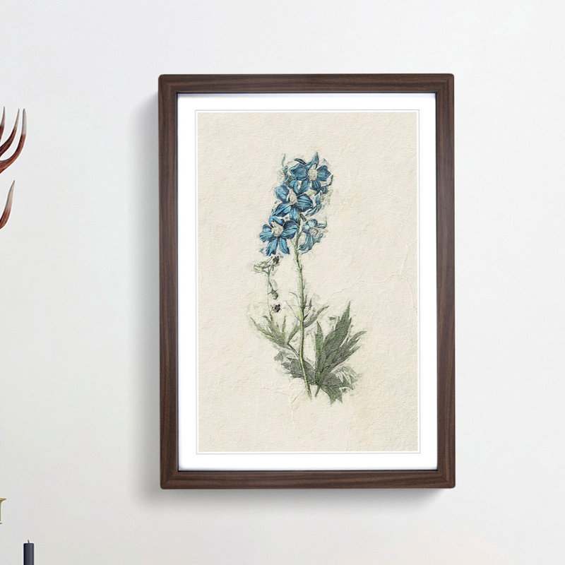 Illustration of Blue Wildflowers - Picture Frame Painting Print, 48cm H x 36cm W x 2cm D, Walnut Framed