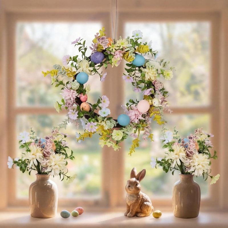 Couronne de Pâques de 24 po, œufs artificiels multicolores et fleurs printanières, couronne de porte fausse fleur avec base en rotin véritable, comprend 2 bouquets assortis, porte d'entrée, maison, décoration
