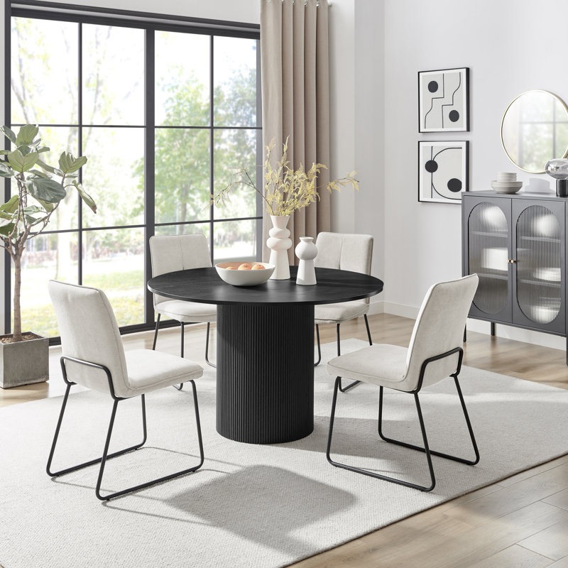 Penny Pillar Round Dining Table Set With 4 Luxury Fabric Dining Chairs - Scratch Resistant Top, Black, Taupe