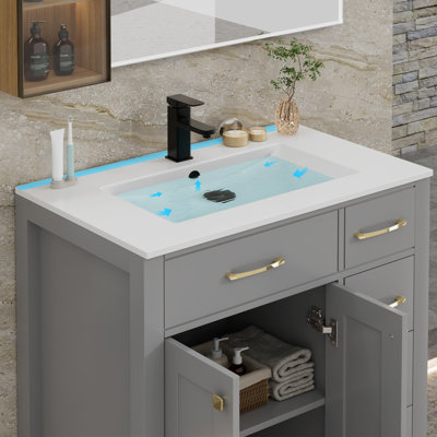 Ensemble de meuble-lavabo simple 30 po avec plateau d'évier Manrique Makowski, robinet en alliage de zinc, surface peinte, portes à fermeture en douceur, certifié EPA