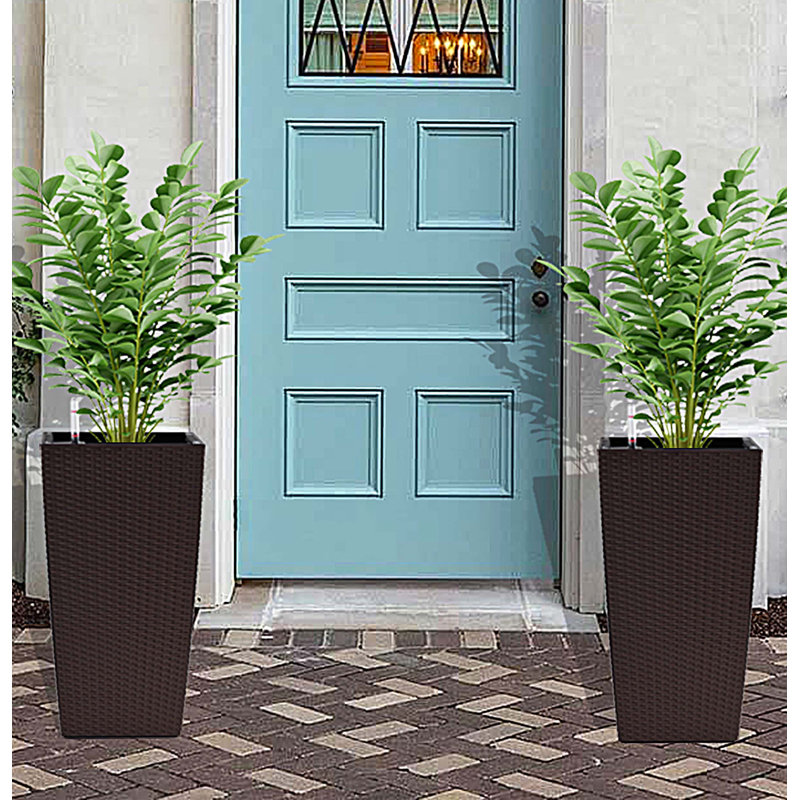 Indoor/Outdoor Modern Faux Rattan Design Square Planter, 22.6 inch Plastic Large Planter with Automatic Watering System for Home and Garden (22.6 inch - 2 Pack)