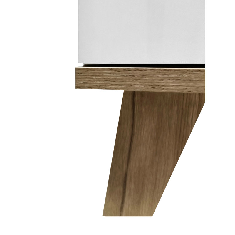 Commode 3 tiroirs blanche, commode de rangement moderne sans poignée avec pieds en bois naturel massif, 3 tiroirs