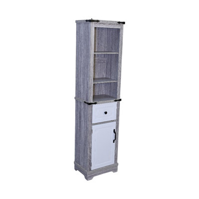 Grey + White, , Bathroom Storage Cabinet, Tall Linen Tower, Customizable Shelving, Drawer, Tight Spots Spaces