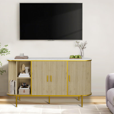 Buffet 59 po avec rangement, console cannelée avec pieds en métal, plateau en faux marbre, armoires de style Mid-Century pour salle à manger, salon, entrée, chêne