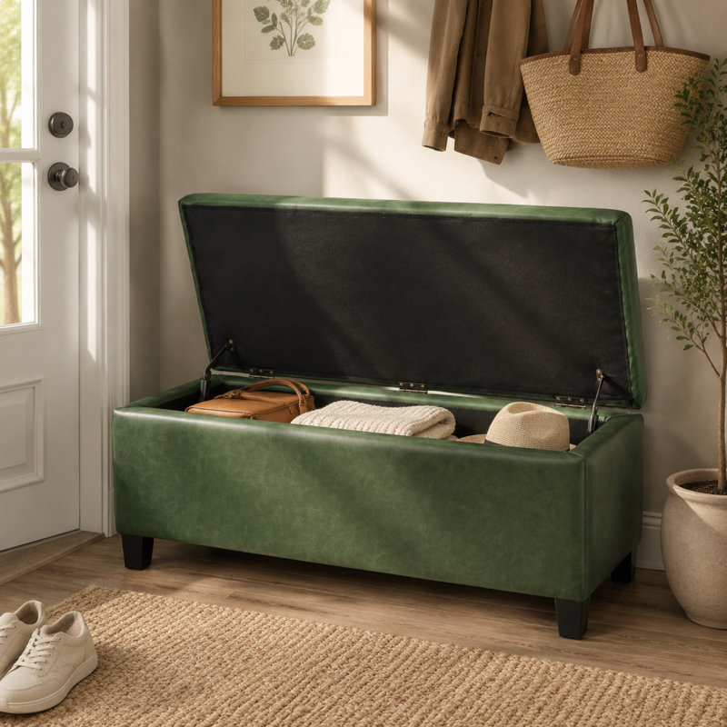 Repose-pieds de rangement en cuir PU de 39 po avec pieds en bois d'hévéa et rangement caché Manda, Polyuréthane vert