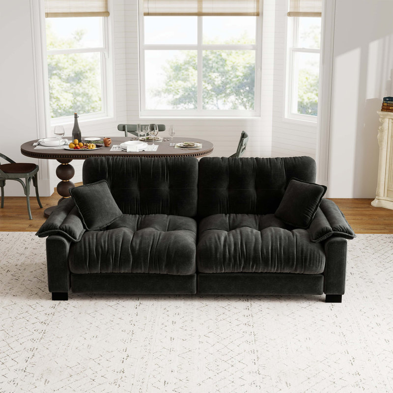 Canapé moderne plissé en chenille 3 places 94 po avec support à ressorts durable et coussins en mousse épais, Black