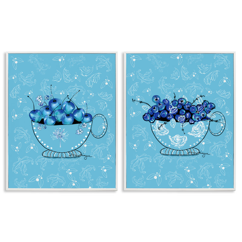 Ensemble de 2 giclées encadrées Blue Fruit Teacups, design par Susan Lugar, H 20 po x l 16 po