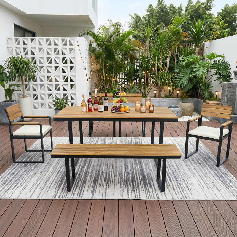 6-7 Person Solid Wood Patio Dining Set, with 1 Table & 4 Chairs & 1 Bench, Removable Cushiones, Beige