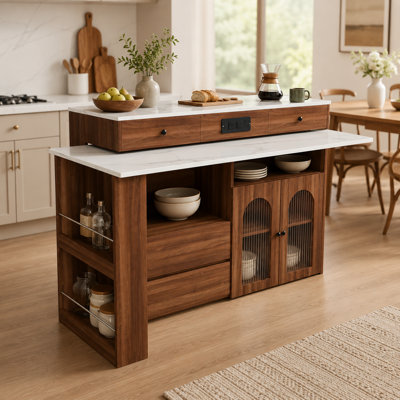53.1-inch walnut MDF retro island table, extendable rotating dining table, four drawer glass cabinet with sockets, suitable for dining 2-4 people