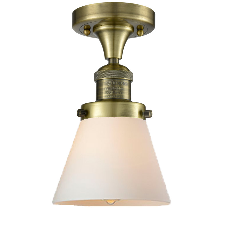 Plafonnier semi-encastré 1 lumière Cone, Boîtier blanc mat, Ampoule à DEL rétro de 6 watts, Laiton antique