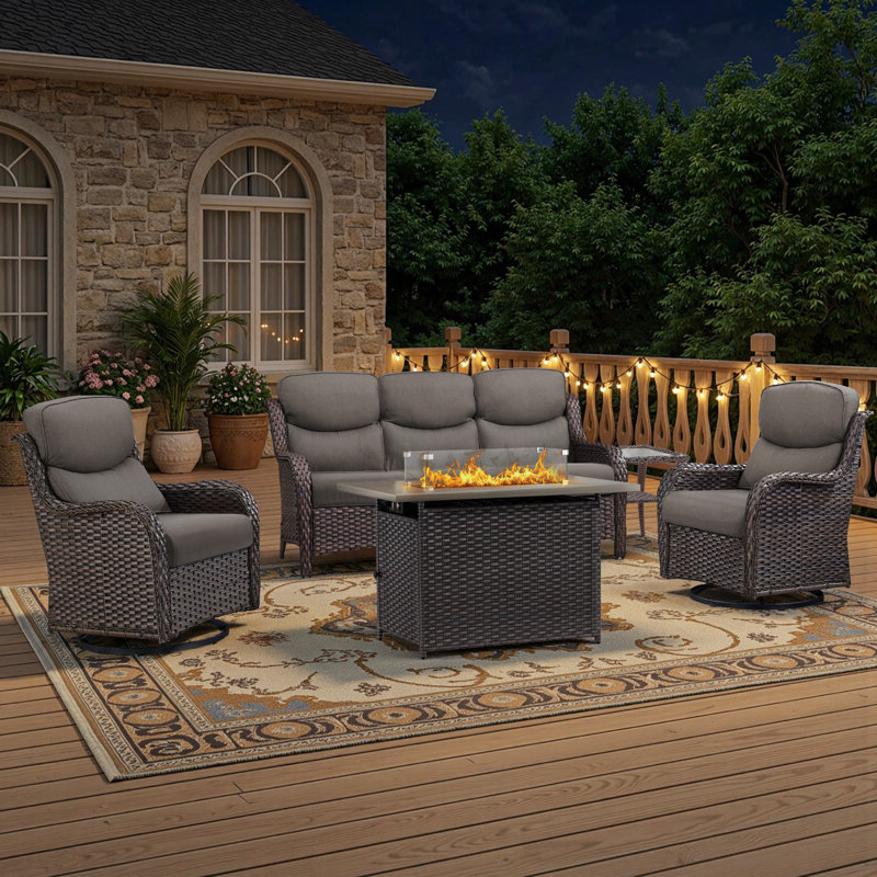 5 - Person Handwoven Wicker Patio Conversation Fire Pit Set With 5" Olefin Cushions Swivel Glider Chairs & Side Table, Brown