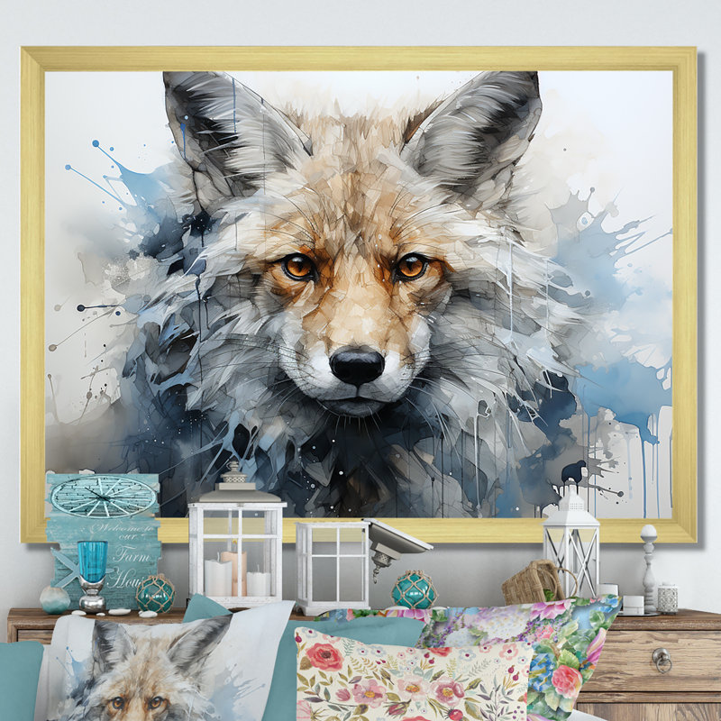 Portrait de renard bleu et blanc, Cadre doré simple, H 12 po x l 20 po x P 1 po