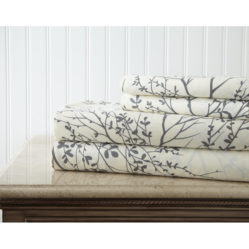 Microfiber Floral Sheet Set, King Sheet Set + 1 Fitted Sheet + 2 Pillowcases, White/Gray