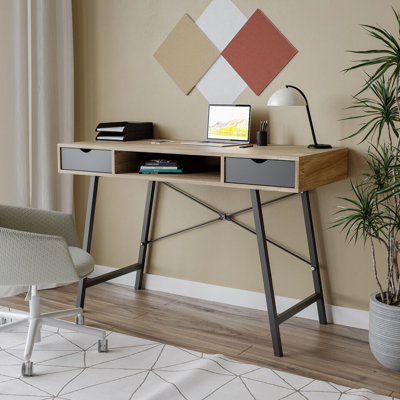 Mid-Century Wood Writing Desk Computer Laptop Bureau with 2 Drawers Home Office