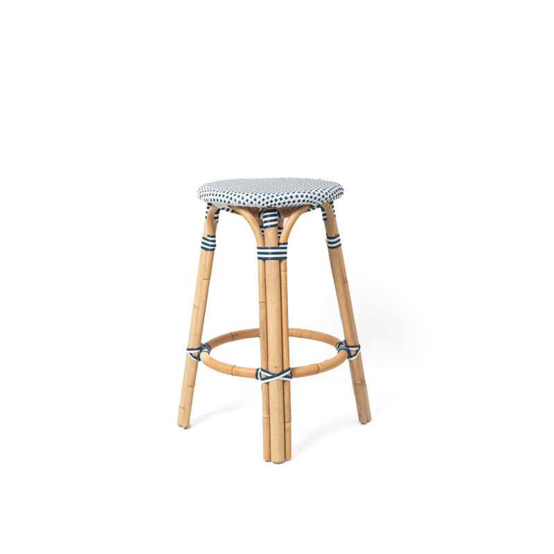 Tabouret de comptoir en rotin Bistro, Blanc - bleu marine