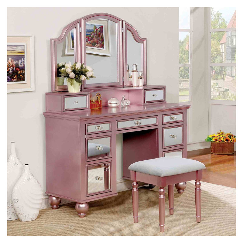 Transitional Rose Gold Vanity Table with Stool and 3-Sided Mirror, 5-Drawer Storage Dressing Set