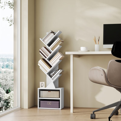 Bibliothèque à 9 niveaux, tablette d'angle gain de place, bibliothèque sur pied pour bureau, chambre, salon, blanche