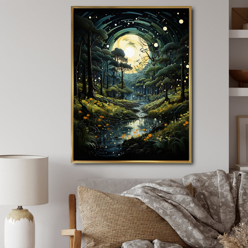 «Forest Enchanted Forest Pointillism III», impressions encadrées, H 44 po x l 34 po x P 1,5 po, Cadre flottant doré