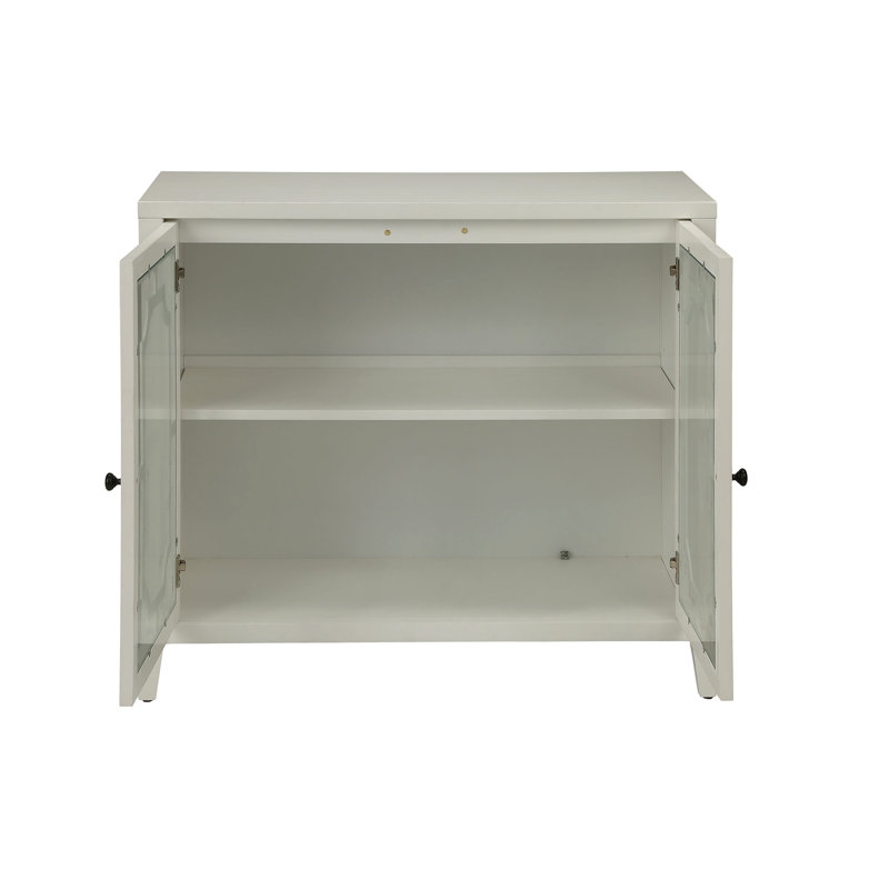 Armoire console à 2 portes en blanc - Table rectangulaire avec rangement en verre et tablette intérieure