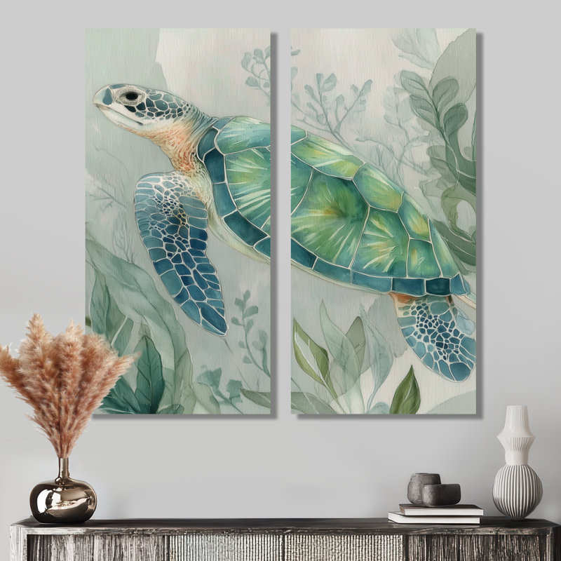 Tortue verte grise verte au Mexique - tortue de mer, ensemble de 2 reproductions d'art encadrées, H 32 po x l 32 po