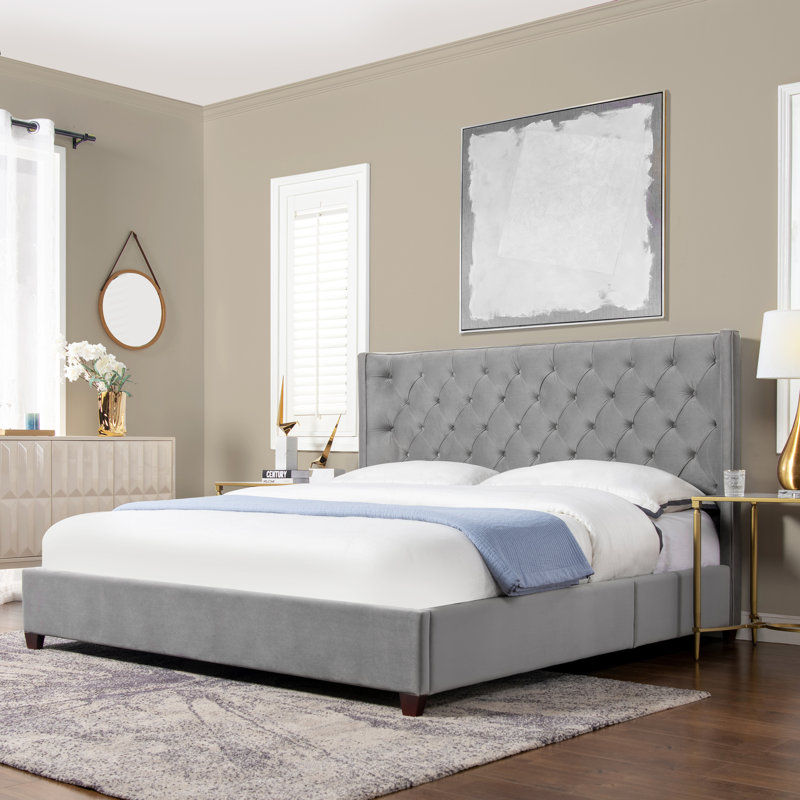 Naveen Upholstered Wingback Bed, Opal Gray Velvet