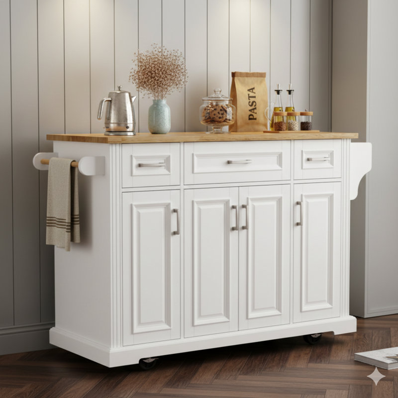 Generous 54-Inch Rolling Kitchen Island with Rubberwood Fold-Down Leaf, Textured Embossed Exterior, Equipped with 4 Casters, 4 Compartment Doors and 3 Drawers – Versatile Storage Unit for Kitchen and Dining Room Use, White Finish