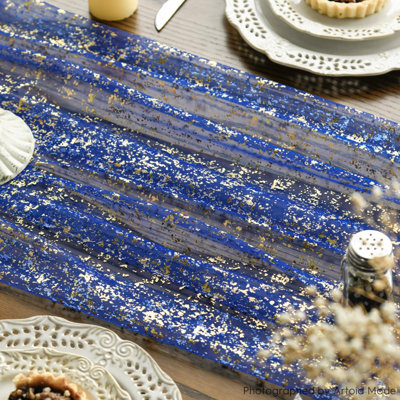 Chemin de table en gaze bleu et or (3 pièces), 3 m (120 pouces), paillettes métalliques, transparent, idéal pour les repas, les mariages, les anniversaires et les fêtes à la maison. Décor de table parfait pour les réceptions.