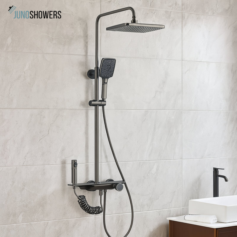 Juno Commercial Matte Black Wall Mounted Single Handle Square Bathroom Shower Set