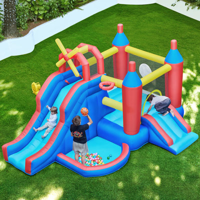 14' x 10' Inflatable Bounce House, Bouncy Castle With Double Slide & Ball Pit & Climbing Wall (Blower Included)