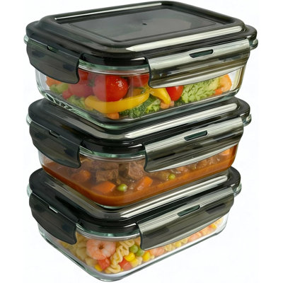 3 X Airtight Glass Food Storage Container 1100Ml Silicone Seal Plastic Lids Meal Prep Takeaway Lunch Boxes