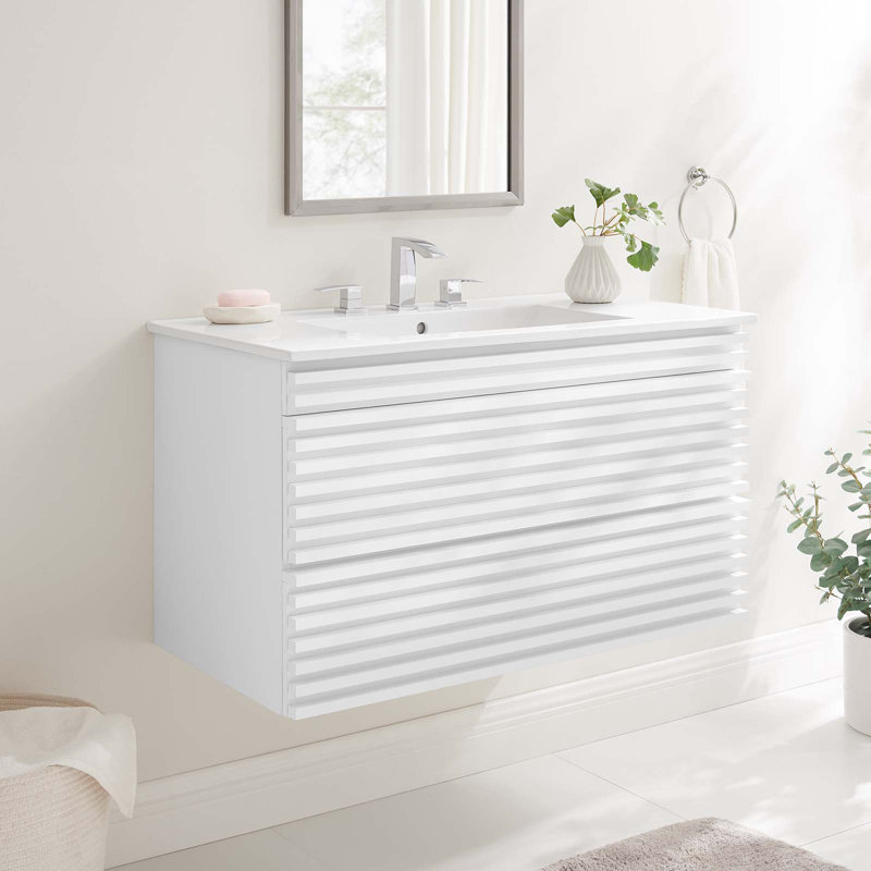 Modway Render 36" Wall-Mount Bathroom Vanity, White/Walnut