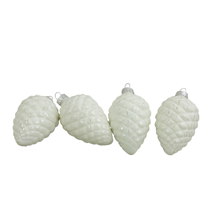 Ornements de Noël en verre cône de pin blanc mat et argent 4ct