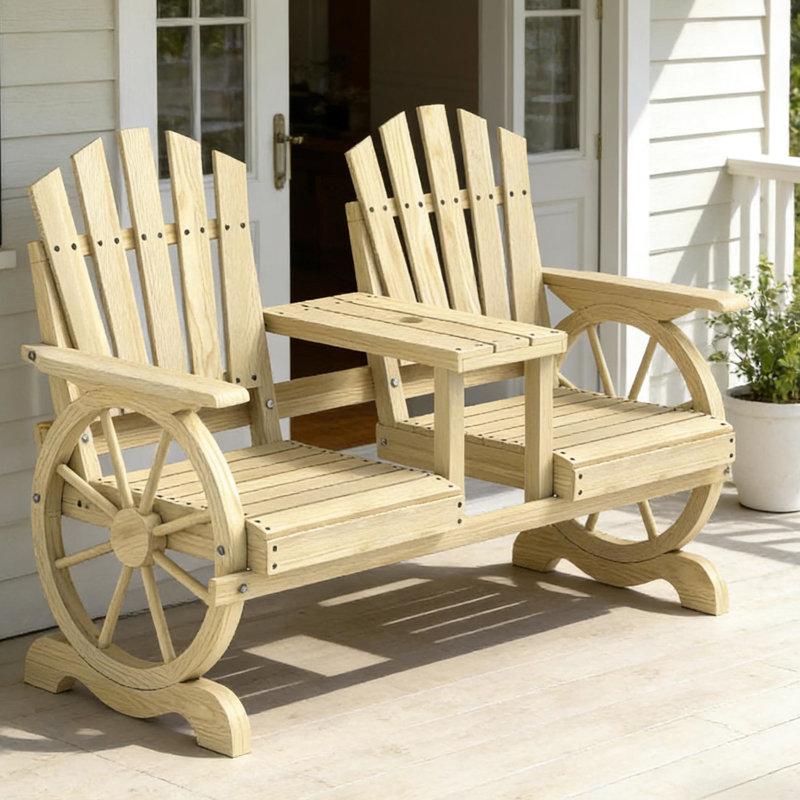 Banc de patio à 2 places avec pieds en forme de roue de chariot, table haute et parasol, bois de sapin, couleur bois naturel, l 60,6 po x P 25,6 po H 40,2 po, conception à lattes pour garder au sec