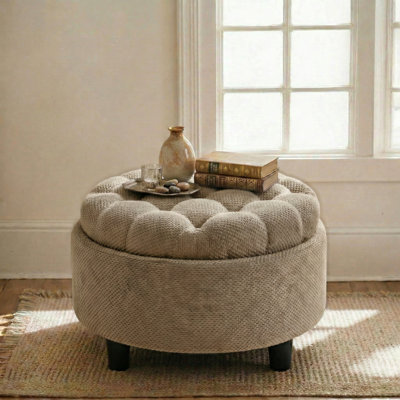 2-in-1 Round Storage Ottoman with Tray Top & Fabric Upholstery, Upholstered Ottoman Coffee Tablel with Hidden Storage for Living Room Bedroom