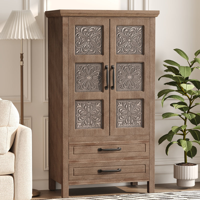 Rustic Embossed Floral Accent Storage Cabinet with Drawers