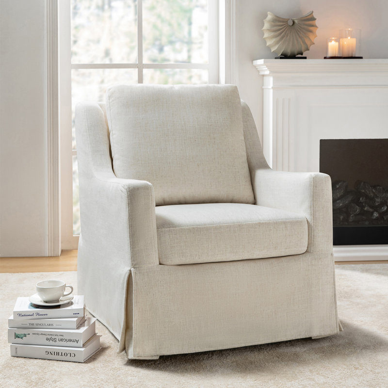 Wimberly 29.5" W Slipcovered Swivel Armchair, Ivory Polyester