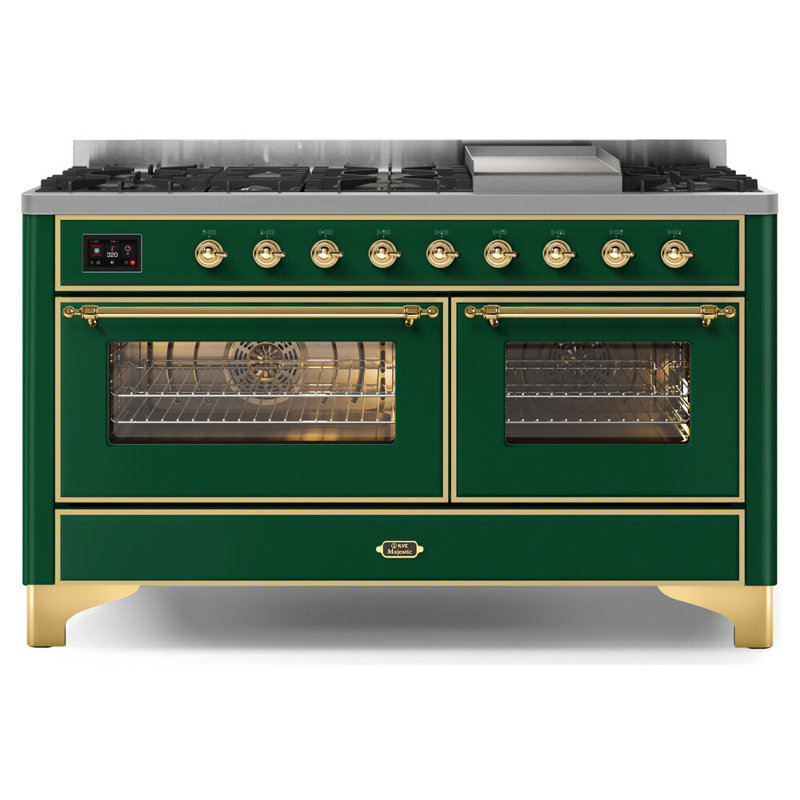 ILVE UM15FDNS3BGG Majestic II 60 inch Dual Fuel Range with 9 Burners, Griddle (Natural Gas, Triple Glass Door, Blue Grey, Brass)