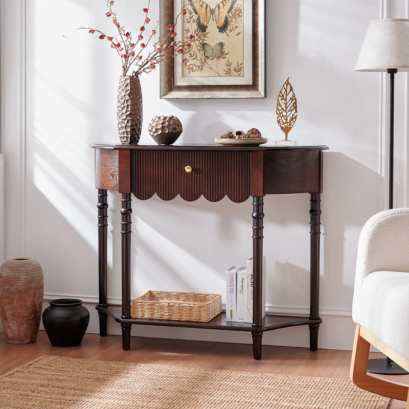 Console demi-cercle en bois massif brun, 34.65" H x 35.43" W x 11.81" D
