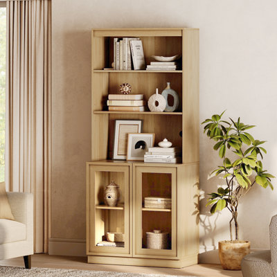 Modern 72" Tall Bookshelf with Glass Doors and Adjustable Shelves, Library Bookcase with Storage Cabinet and Open Book Shelfs, Wood Book shelf for Hom