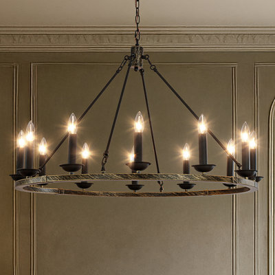37'' 12-light Modern Candelabra Chandelier Round Industrial Candle Pendant Lighting In Vintage Brushed Gold Over Black Finish For Living Room Dining Room