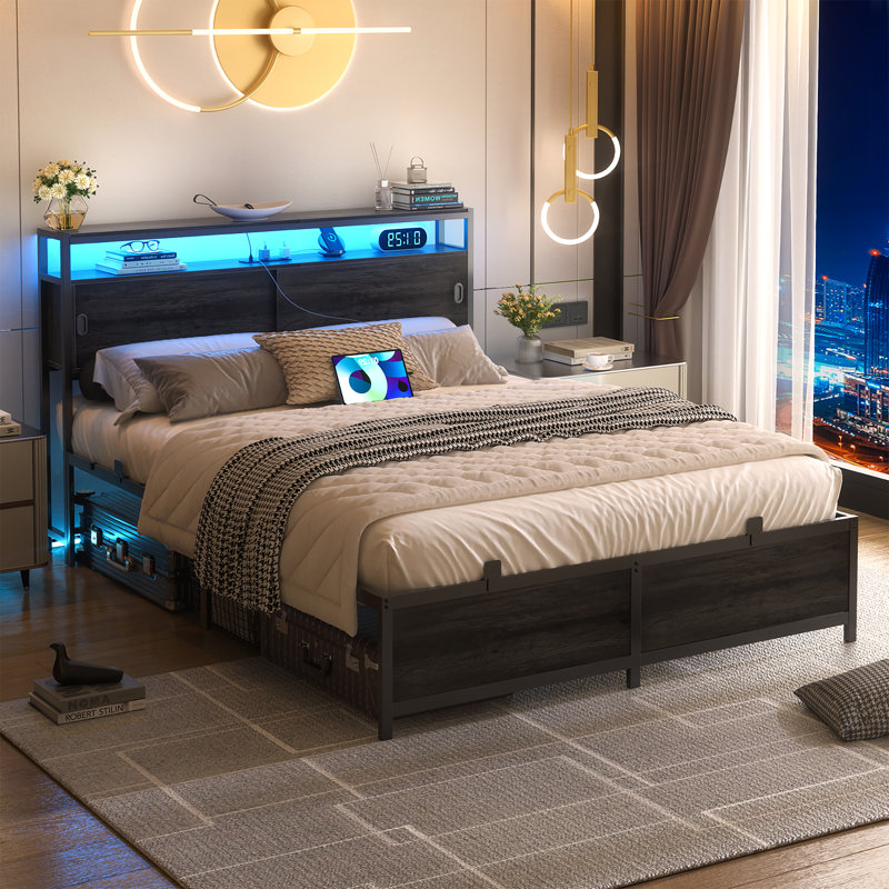 Storage Bed with Sliding Doors, LED Lights & USB Charging Station, Full, Gray