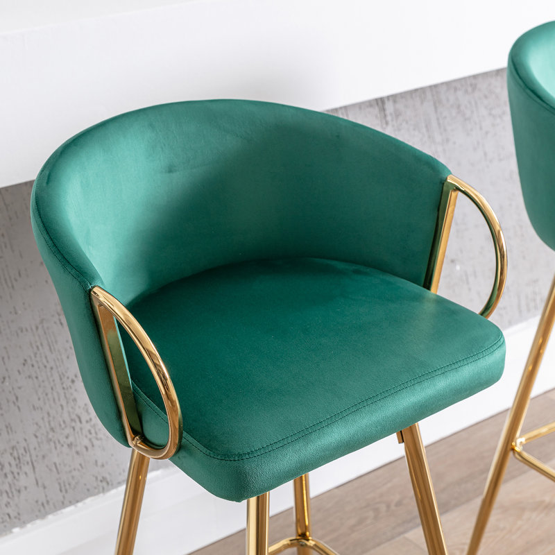 Ensemble de 2 tabourets de bar avec repose-pieds chromé, velours et pieds dorés, conception simple, Green/Gold