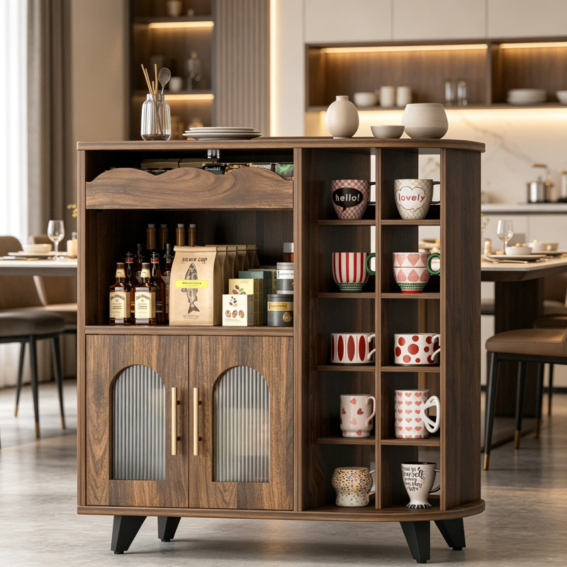 Armoire à café avec huche de présentation de 24 tasses, grand tiroir de rangement et buffet pour cuisine, appartement et maison, station de café en bois, finition noyer