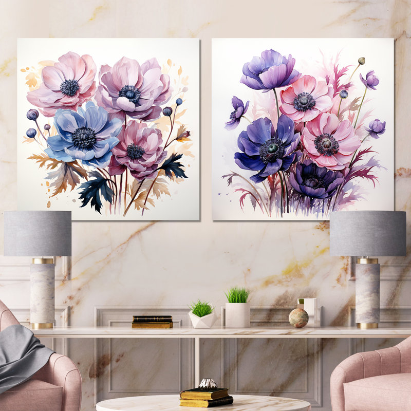 Bouquet de coquelicots bleu et mauve I - coquelicots, H 29 po x l 58 po