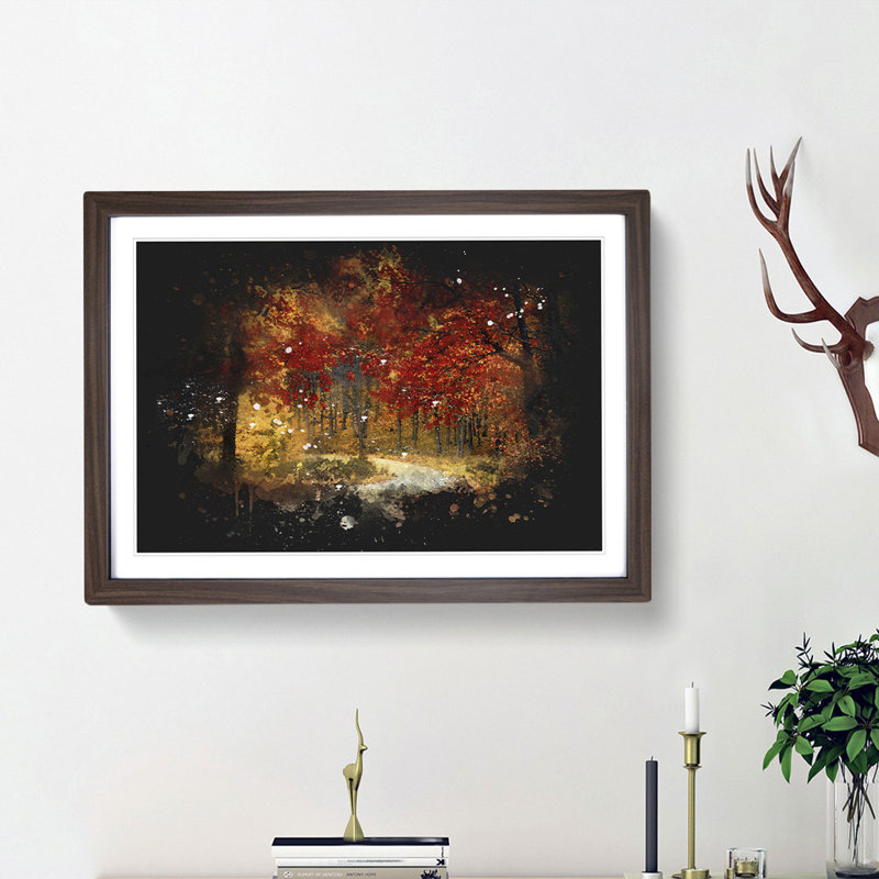 Path Through The Forest At Autumn - Single Picture Frame Print on MDF, 33cm H x 45cm W x 2cm D, Walnut Framed