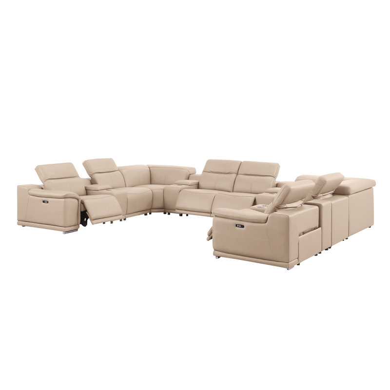 12-Piece U-Shaped Power Reclining Sectional In Genuine Leather – 4 Recliners, Beige Top Grain Leather
