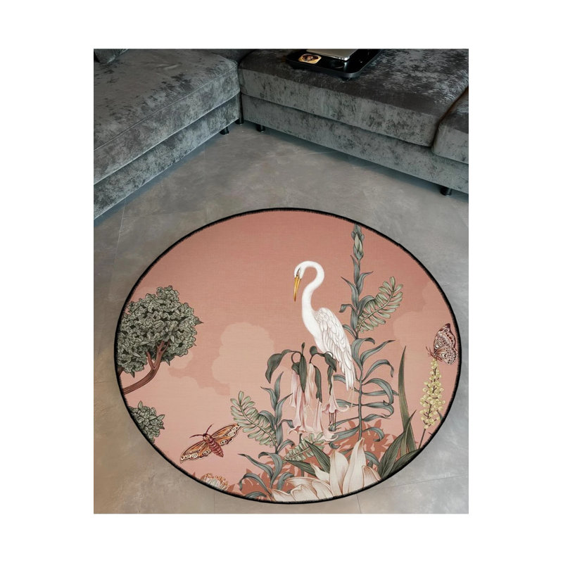 Powder Theme Stork And Flower Patterned Round Woven Base Modern Decorative Carpet, Round 3'4"