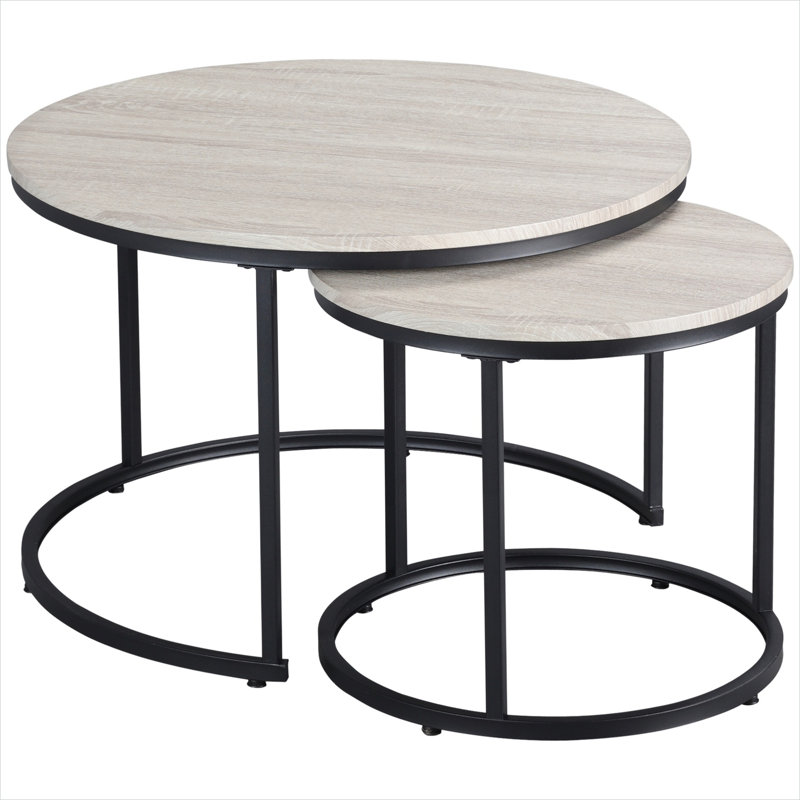Industrial Round Nesting Coffee Table Set with Metal Frame, Seats 4, Neutral Gray MDF, Space-Saving Stacking Design