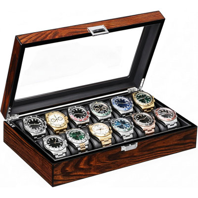 Watch Case 12Slot Watch Box with Large Glass Lid Wooden Watch Box Organizer Watch Case 12Slot Watch Box with Large Glass Lid Wooden Watch Box Organizer